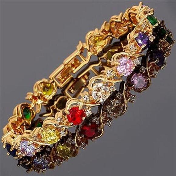 Neiman Marcus 14k Gold Plated Multicolor Gemstone Round CZ Bracelet - Picture 4 of 4